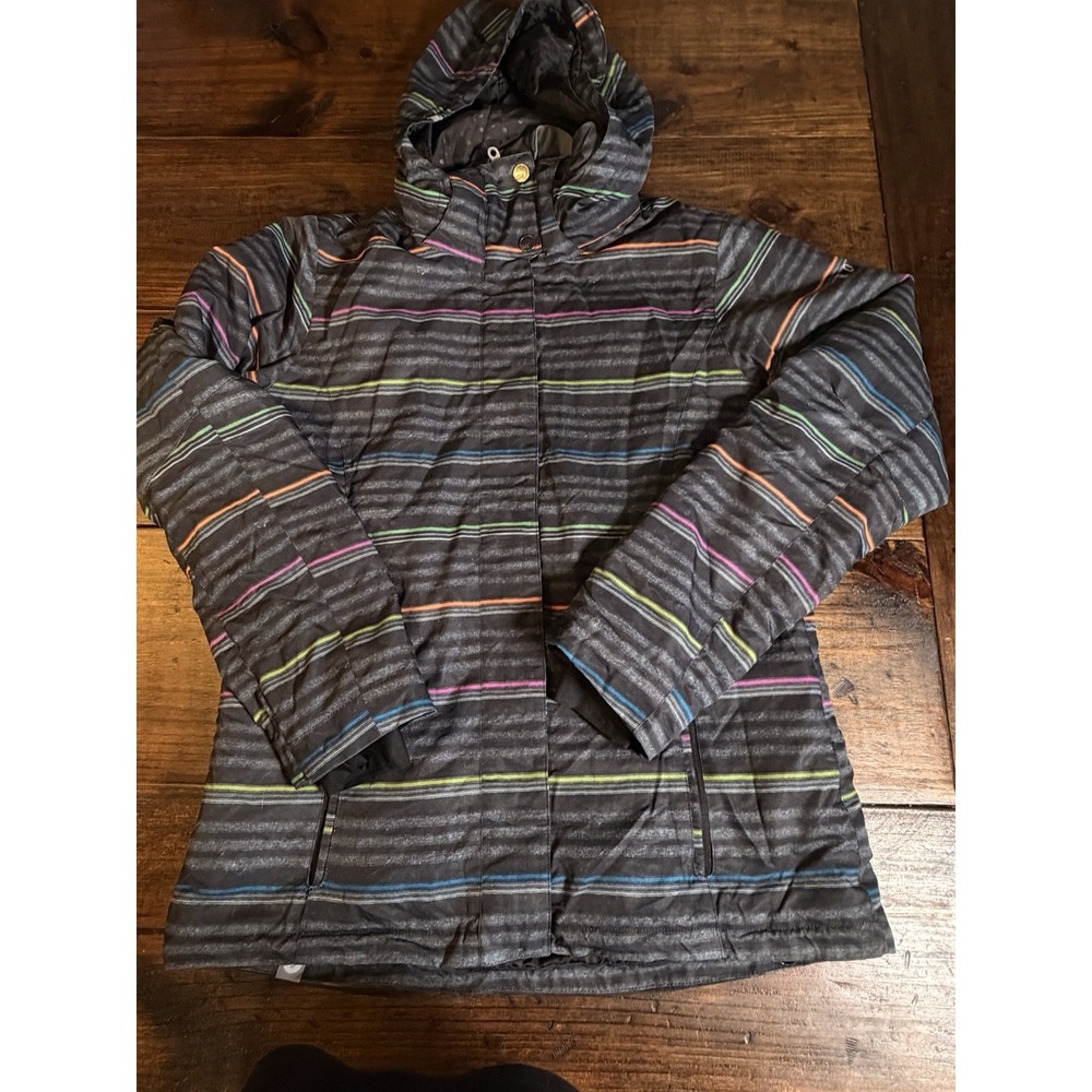 Roxy Women's XL Snowboard Ski Jacket Black Multicolor Stripe Hooded 5K
